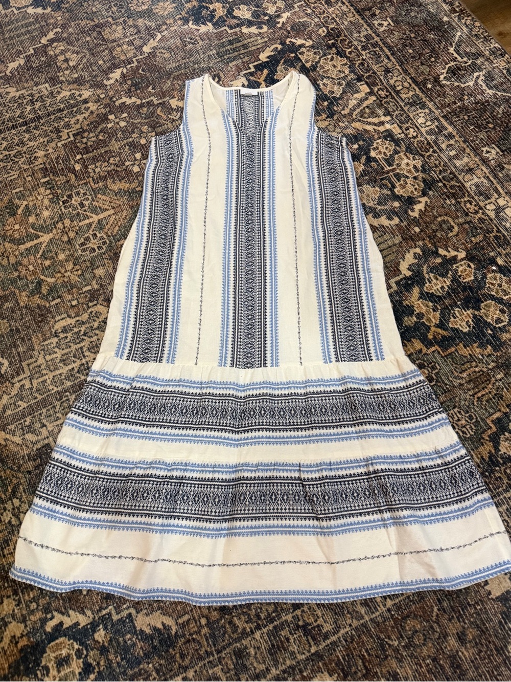 J. Jill Cream and Blue Patterned Sleeveless Dress PM